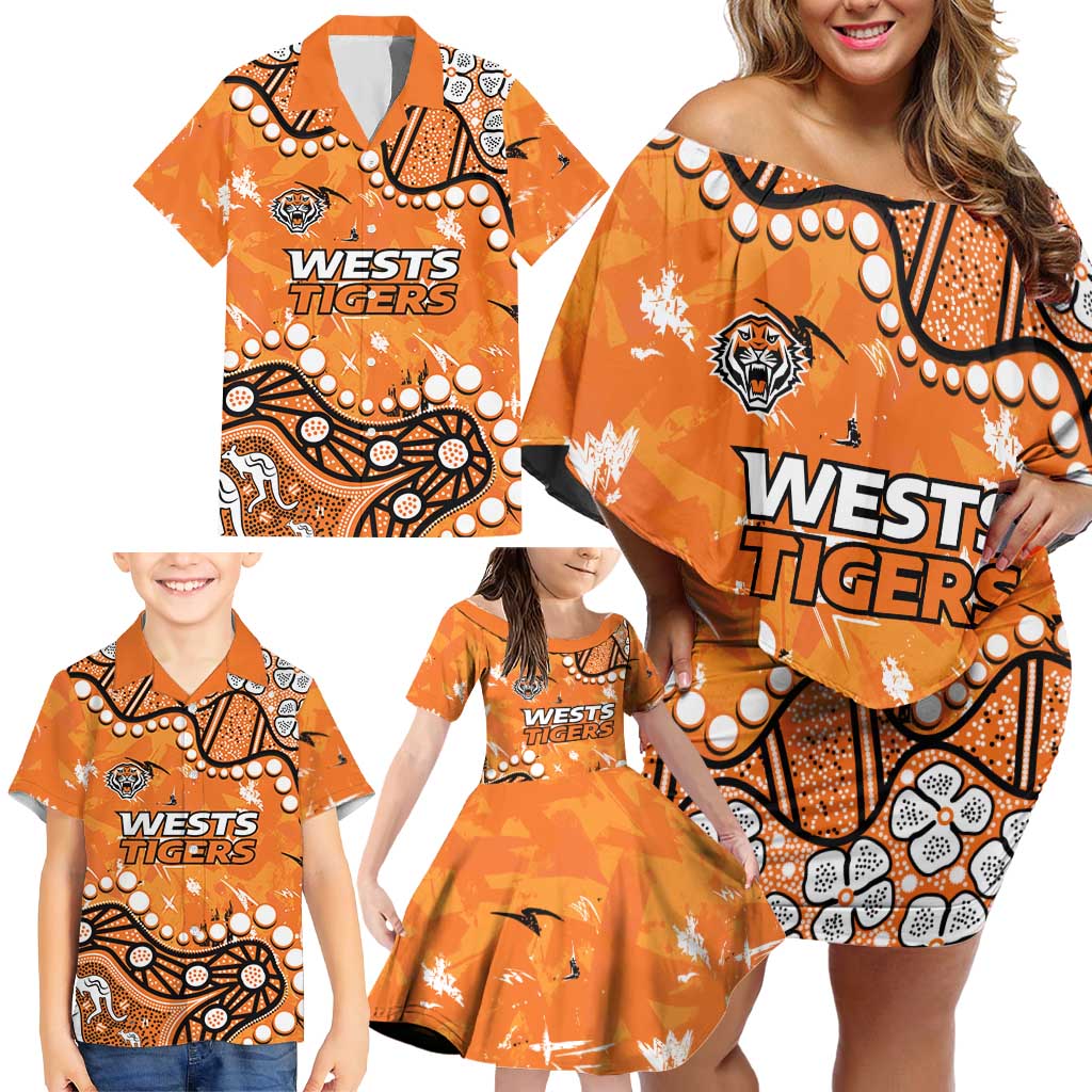 Personalized Wests Tigers Family Matching Off Shoulder Short Dress and Hawaiian Shirt Aboriginal Pattern with Graffiti Style Design