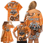 Personalized Wests Tigers Family Matching Off Shoulder Short Dress and Hawaiian Shirt Aboriginal Pattern with Graffiti Style Design
