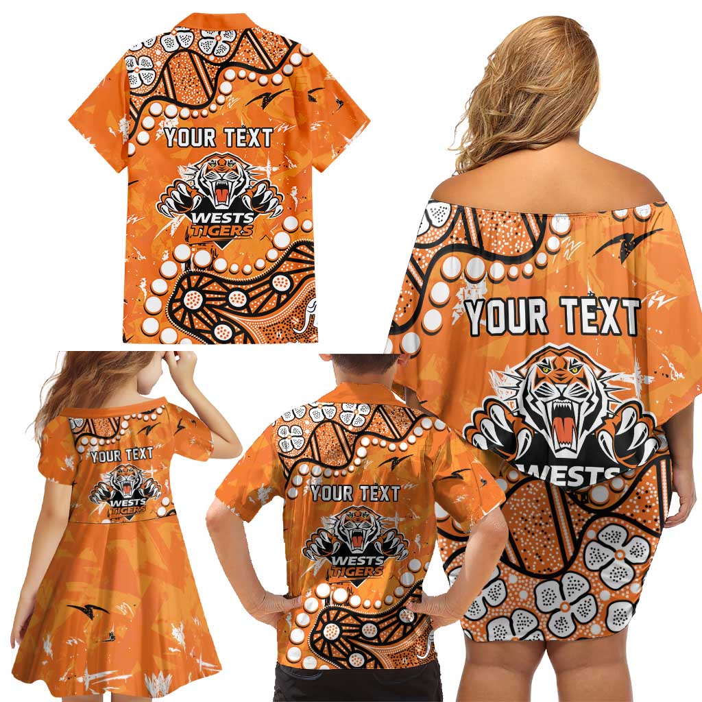 Personalized Wests Tigers Family Matching Off Shoulder Short Dress and Hawaiian Shirt Aboriginal Pattern with Graffiti Style Design
