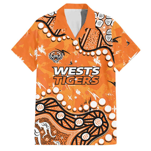 Personalized Wests Tigers Family Matching Off Shoulder Short Dress and Hawaiian Shirt Aboriginal Pattern with Graffiti Style Design