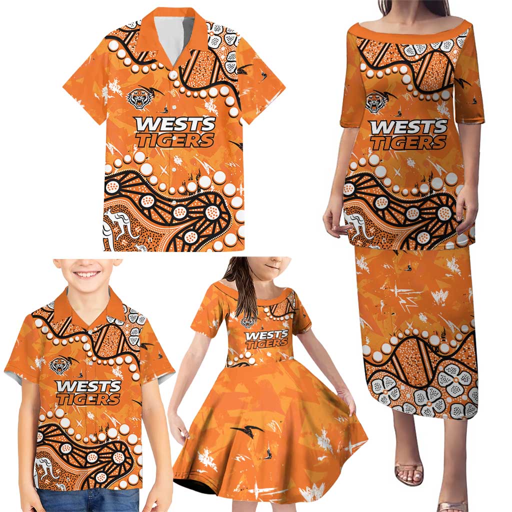 Personalized Wests Tigers Family Matching Puletasi and Hawaiian Shirt Aboriginal Pattern with Graffiti Style Design