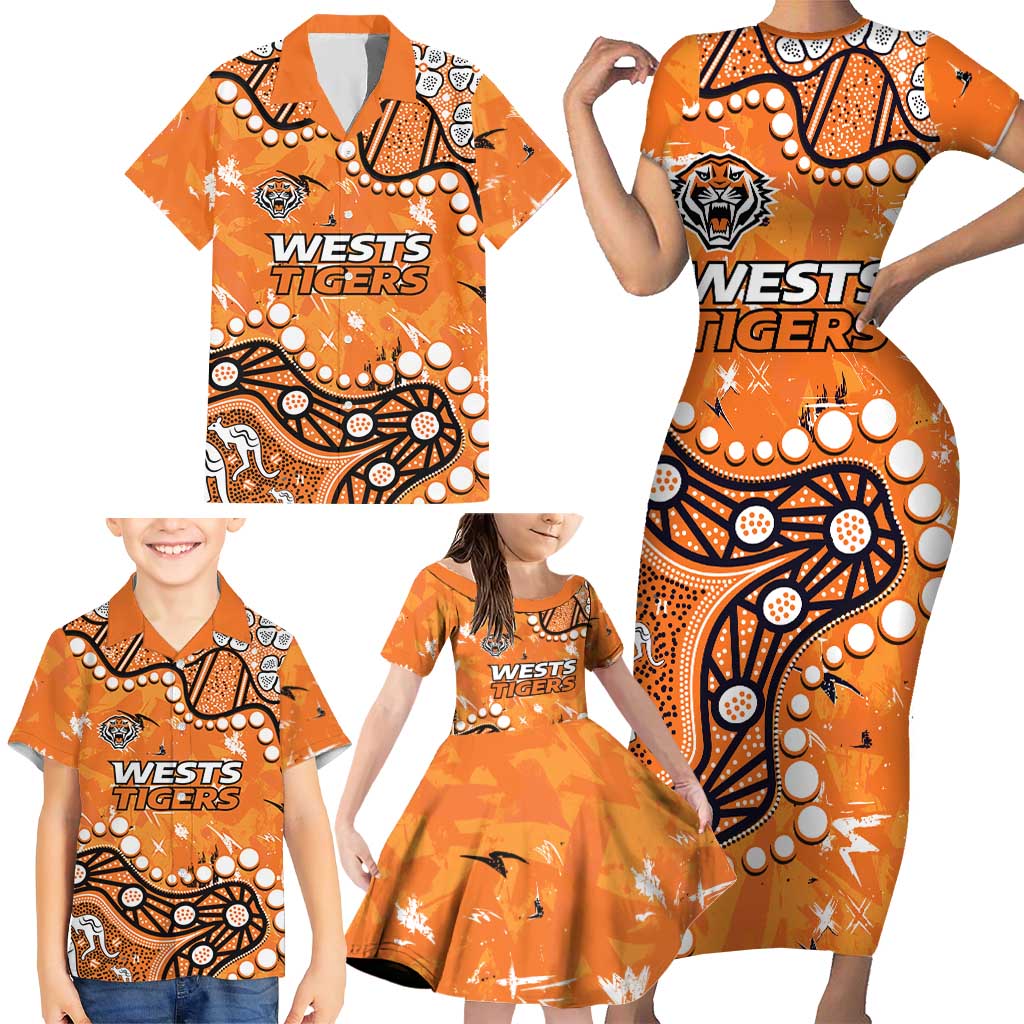 Personalized Wests Tigers Family Matching Short Sleeve Bodycon Dress and Hawaiian Shirt Aboriginal Pattern with Graffiti Style Design