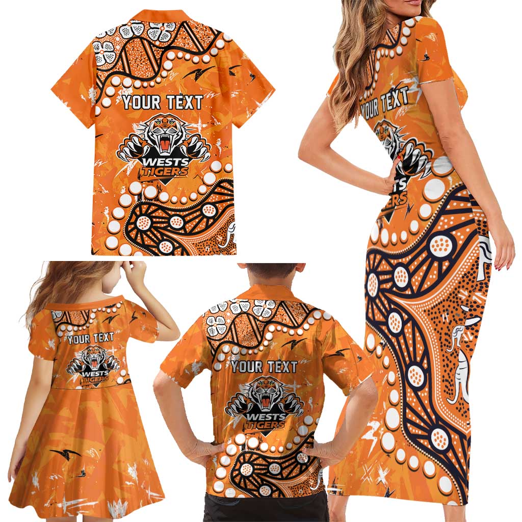 Personalized Wests Tigers Family Matching Short Sleeve Bodycon Dress and Hawaiian Shirt Aboriginal Pattern with Graffiti Style Design