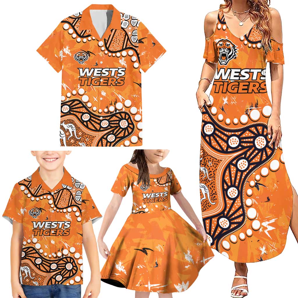 Personalized Wests Tigers Family Matching Summer Maxi Dress and Hawaiian Shirt Aboriginal Pattern with Graffiti Style Design