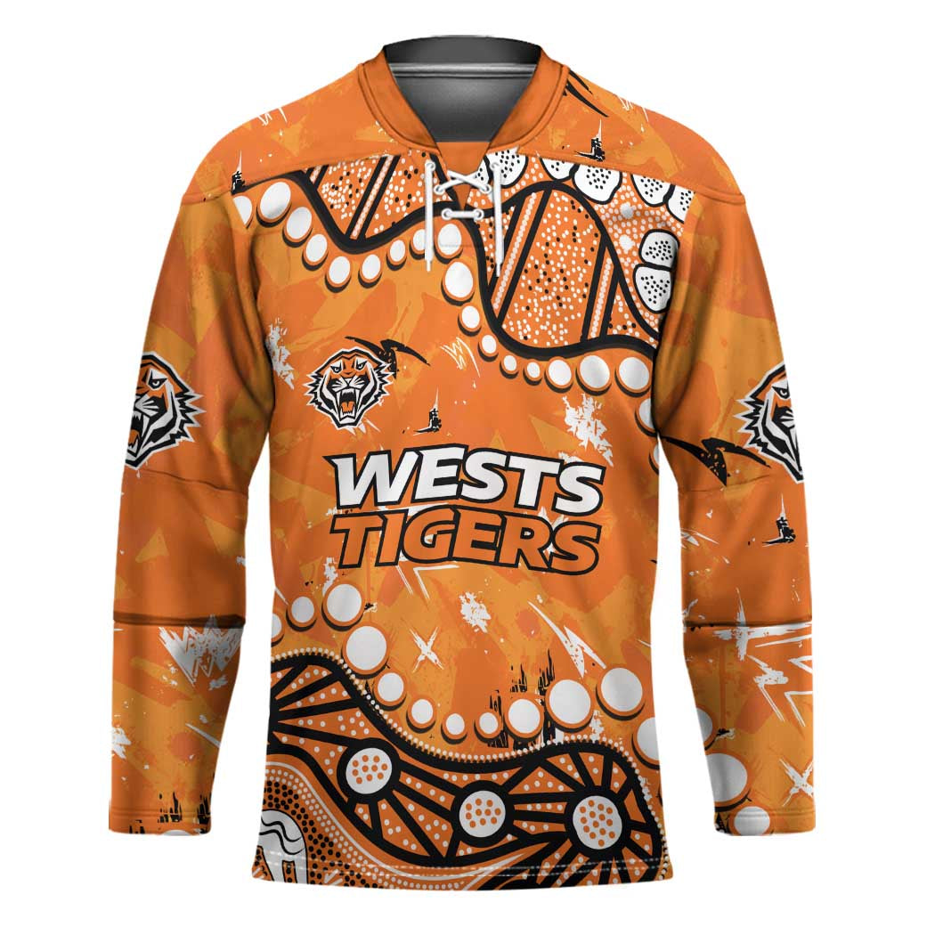 Personalized Wests Tigers Hockey Jersey Aboriginal Pattern with Graffiti Style Design