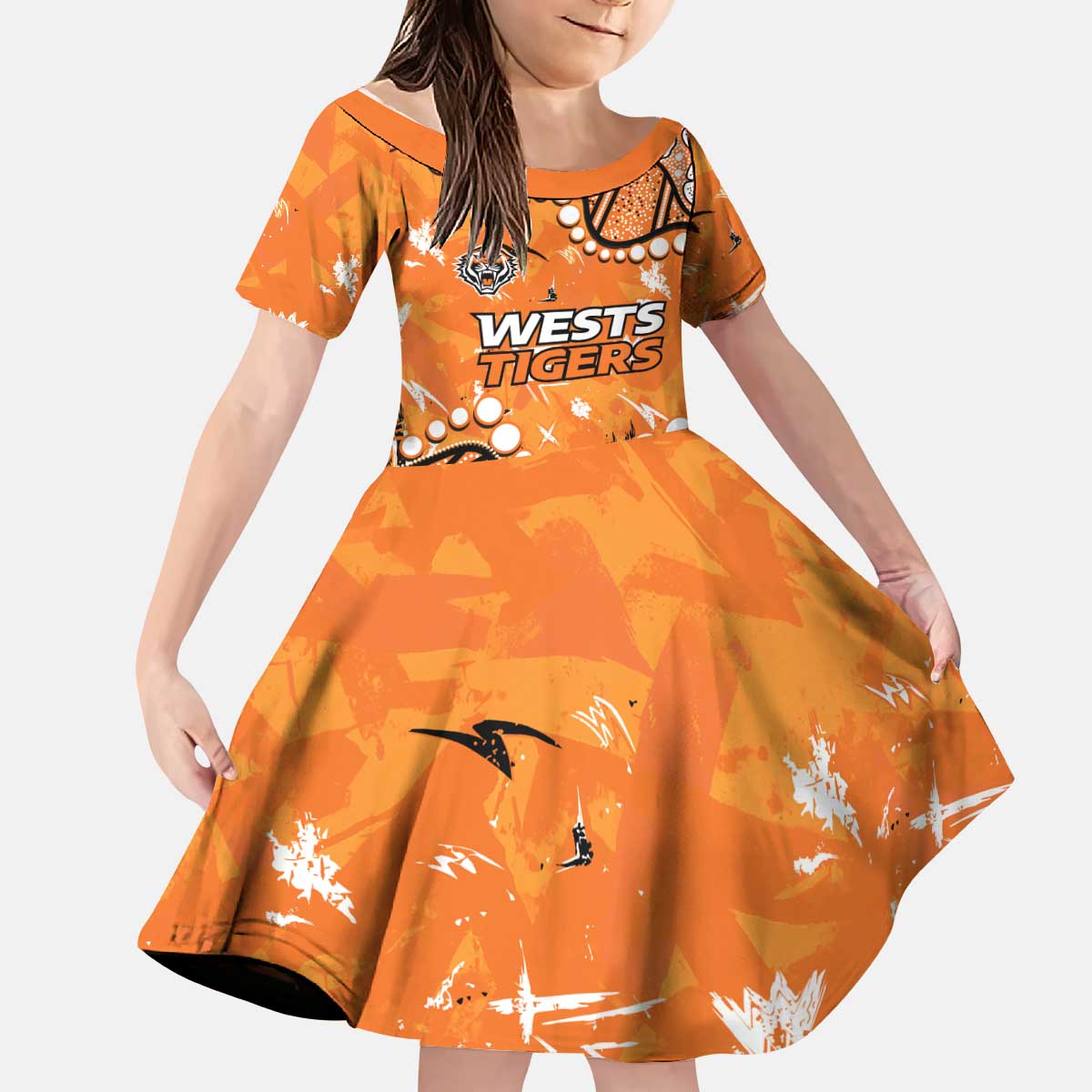 Personalized Wests Tigers Kid Short Sleeve Dress Aboriginal Pattern with Graffiti Style Design
