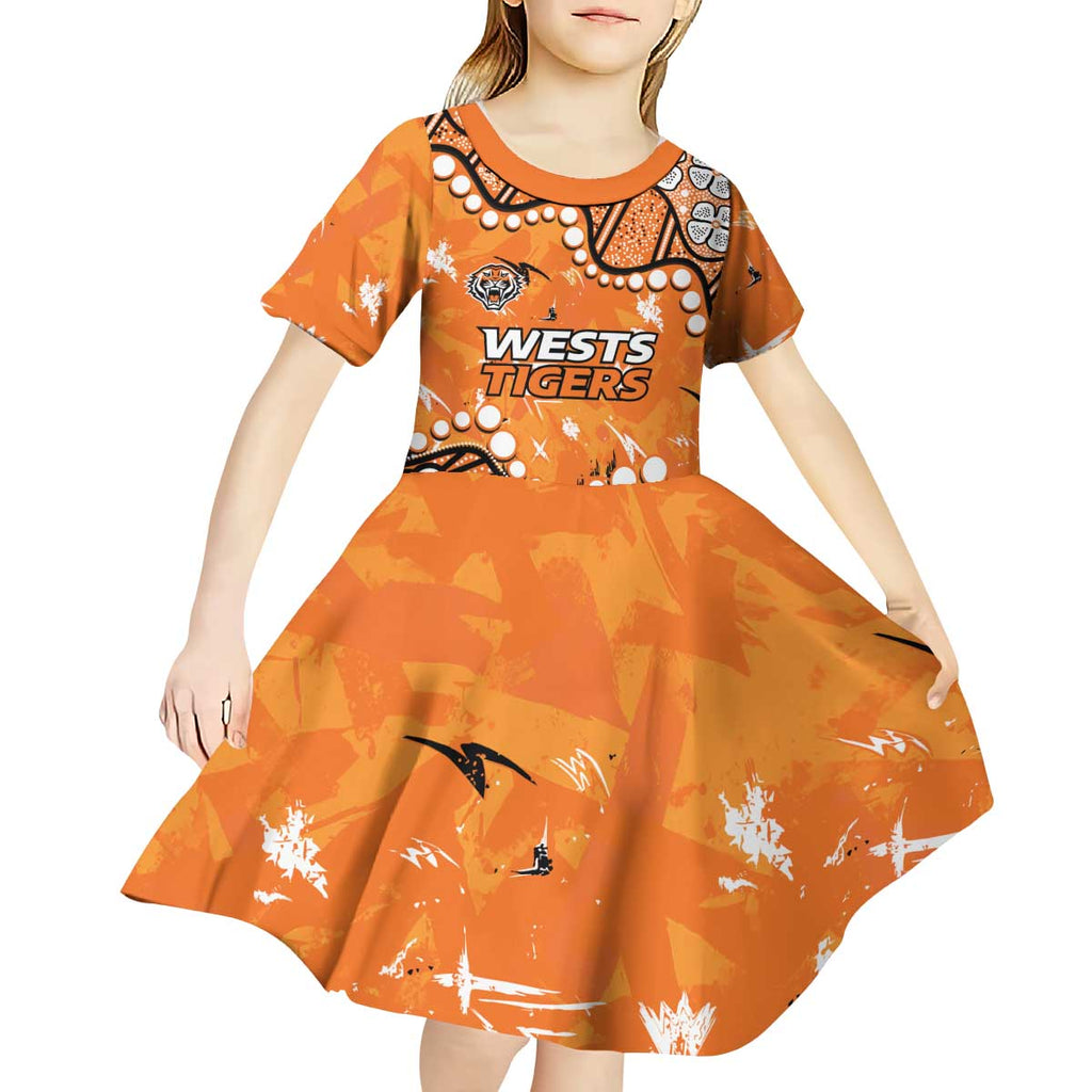 Personalized Wests Tigers Kid Short Sleeve Dress Aboriginal Pattern with Graffiti Style Design