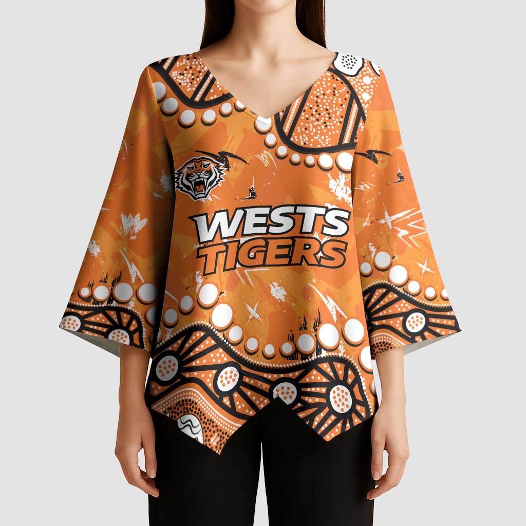 Personalized Wests Tigers Kimono Sleeve Blouse Aboriginal Pattern with Graffiti Style Design
