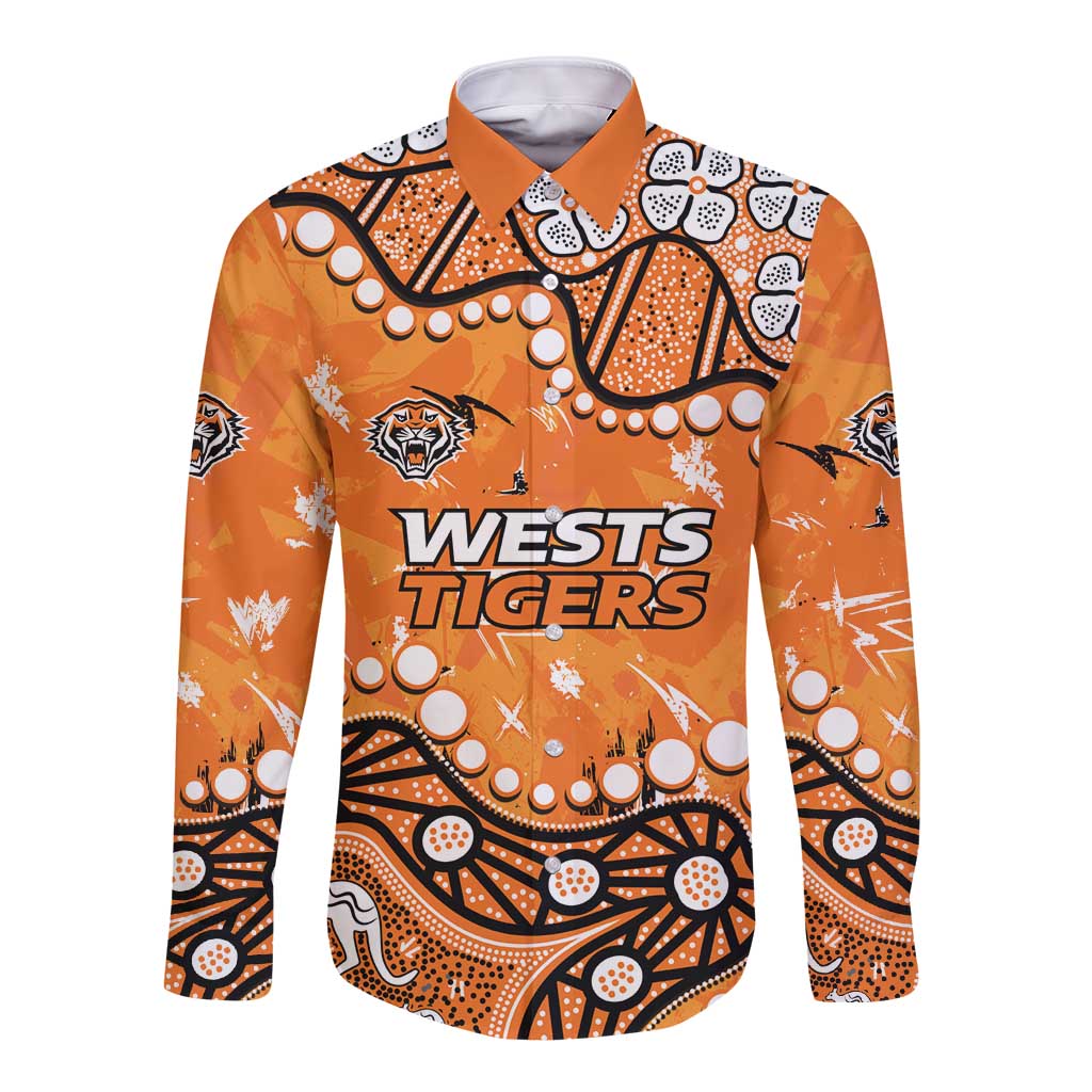 Personalized Wests Tigers Long Sleeve Button Shirt Aboriginal Pattern with Graffiti Style Design