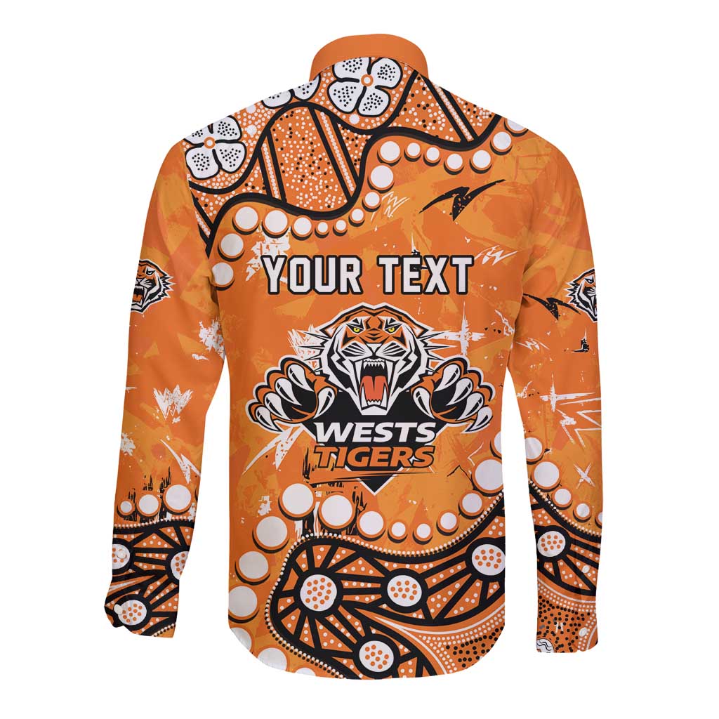 Personalized Wests Tigers Long Sleeve Button Shirt Aboriginal Pattern with Graffiti Style Design