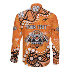 Personalized Wests Tigers Long Sleeve Button Shirt Aboriginal Pattern with Graffiti Style Design