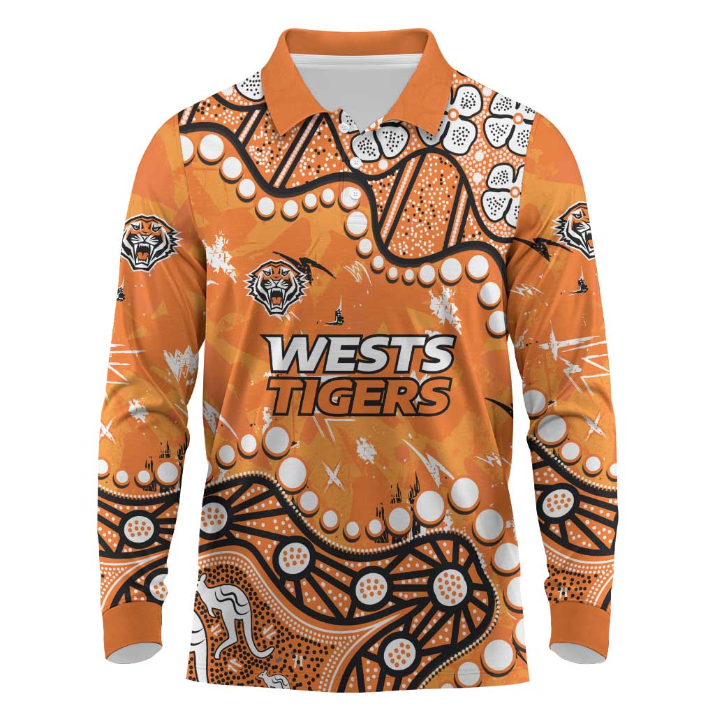 Personalized Wests Tigers Long Sleeve Polo Shirt Aboriginal Pattern with Graffiti Style Design