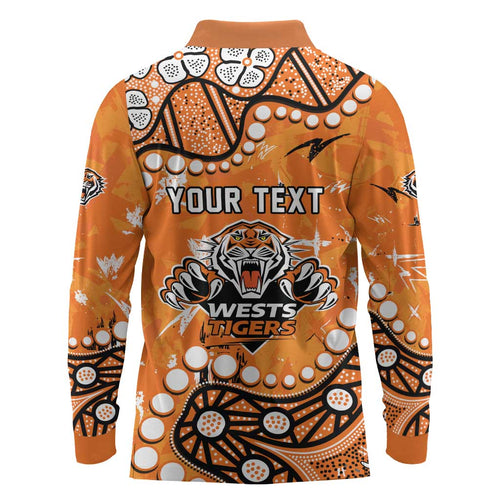 Personalized Wests Tigers Long Sleeve Polo Shirt Aboriginal Pattern with Graffiti Style Design
