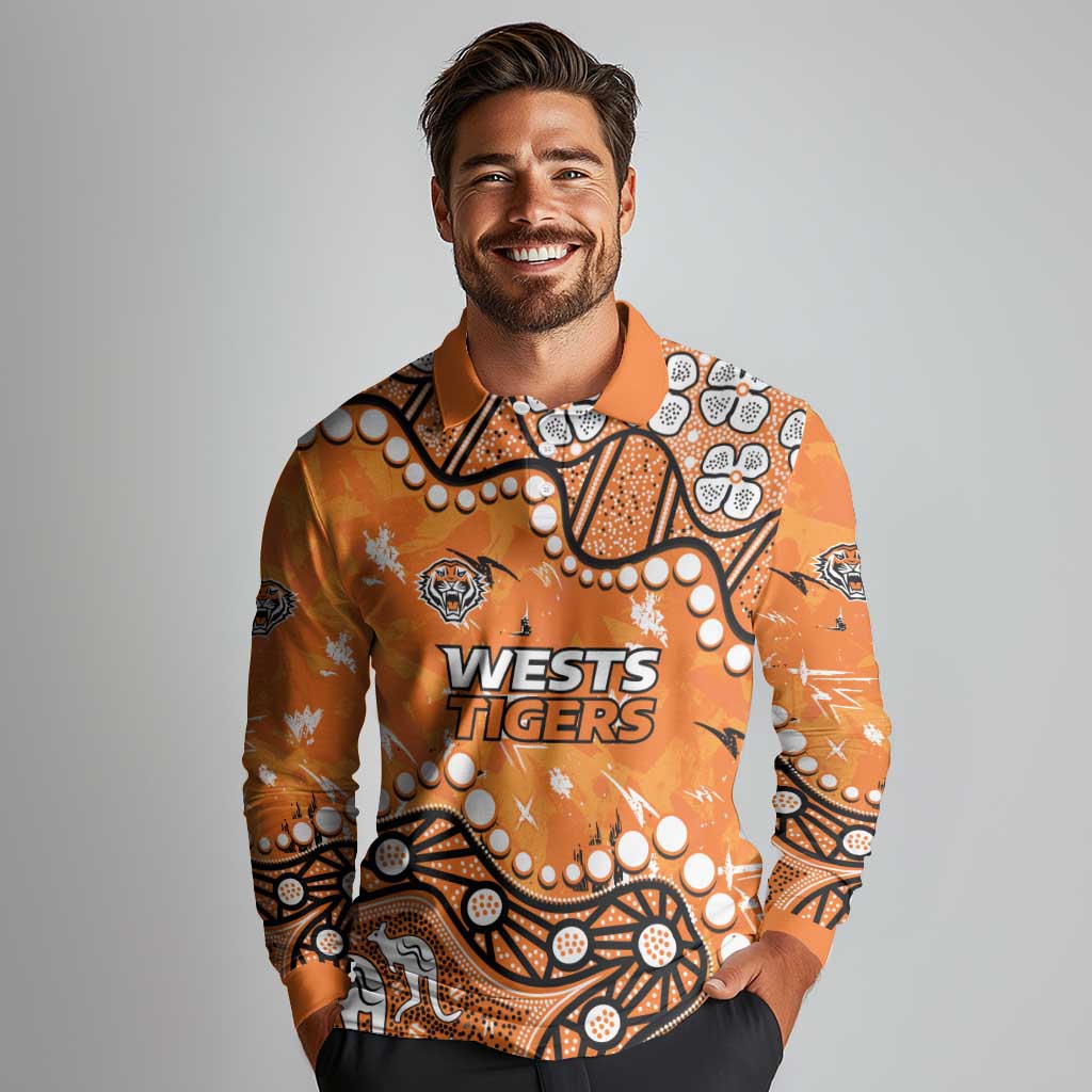 Personalized Wests Tigers Long Sleeve Polo Shirt Aboriginal Pattern with Graffiti Style Design