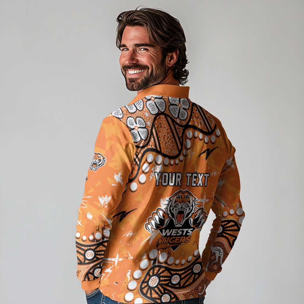Personalized Wests Tigers Long Sleeve Polo Shirt Aboriginal Pattern with Graffiti Style Design
