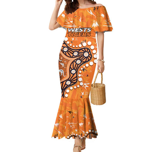 Personalized Wests Tigers Mermaid Dress Aboriginal Pattern with Graffiti Style Design