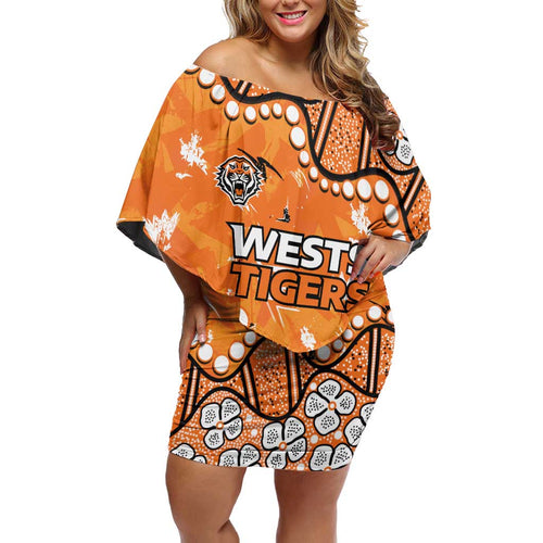 Personalized Wests Tigers Off Shoulder Short Dress Aboriginal Pattern with Graffiti Style Design