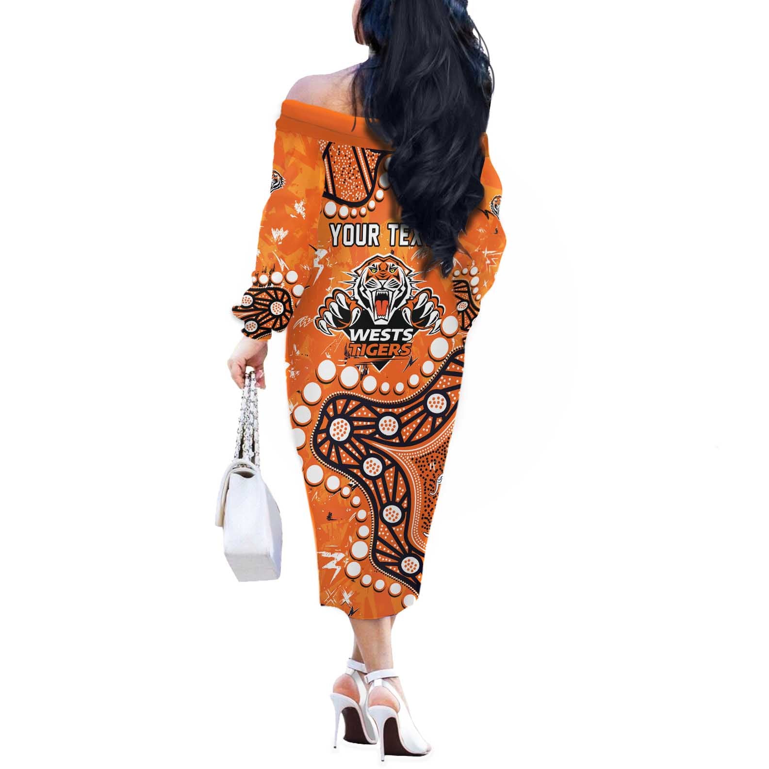Personalized Wests Tigers Off The Shoulder Long Sleeve Dress Aboriginal Pattern with Graffiti Style Design