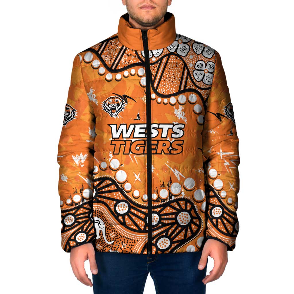 Personalized Wests Tigers Padded Jacket Aboriginal Pattern with Graffiti Style Design