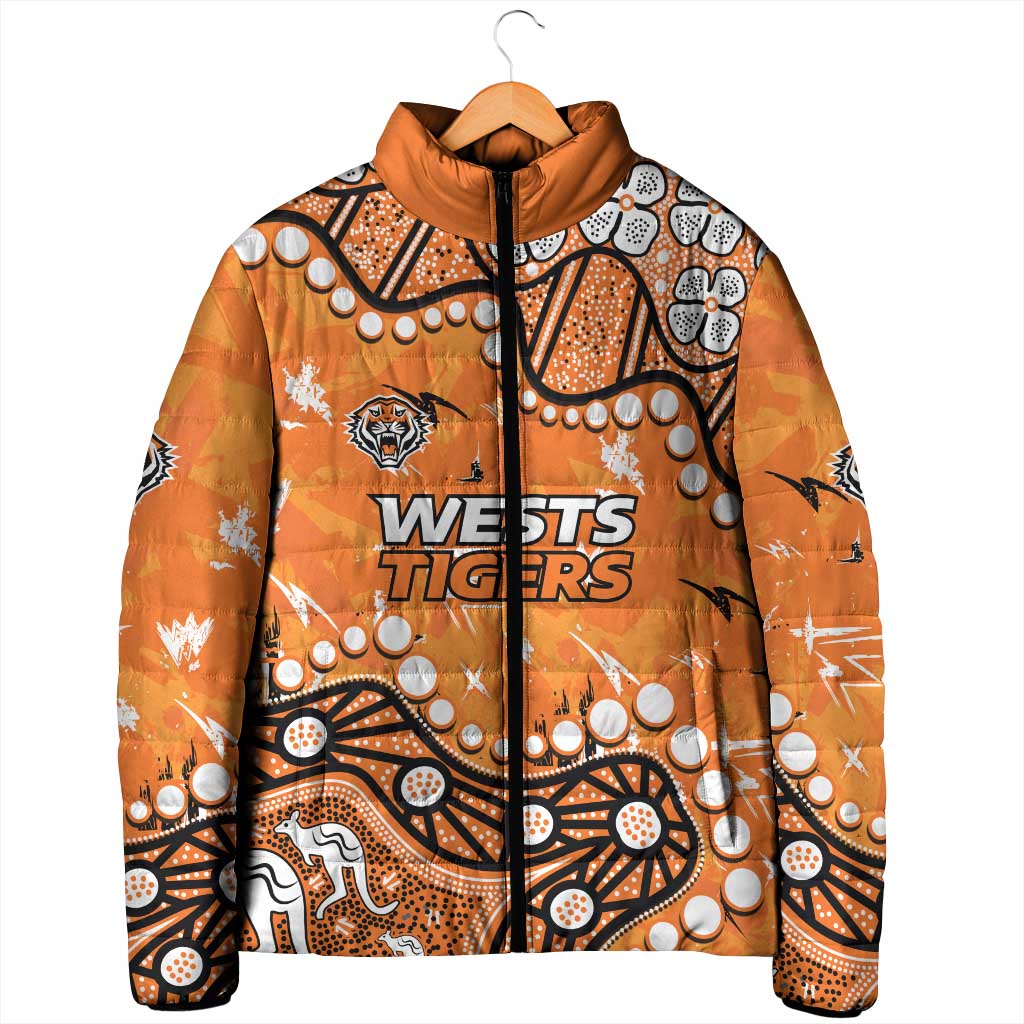 Personalized Wests Tigers Padded Jacket Aboriginal Pattern with Graffiti Style Design