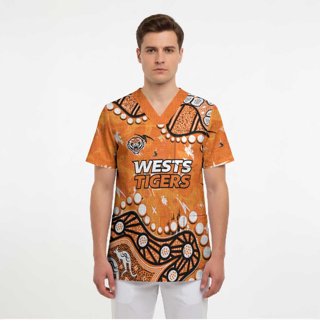 Personalized Wests Tigers Scrub Top Aboriginal Pattern with Graffiti Style Design