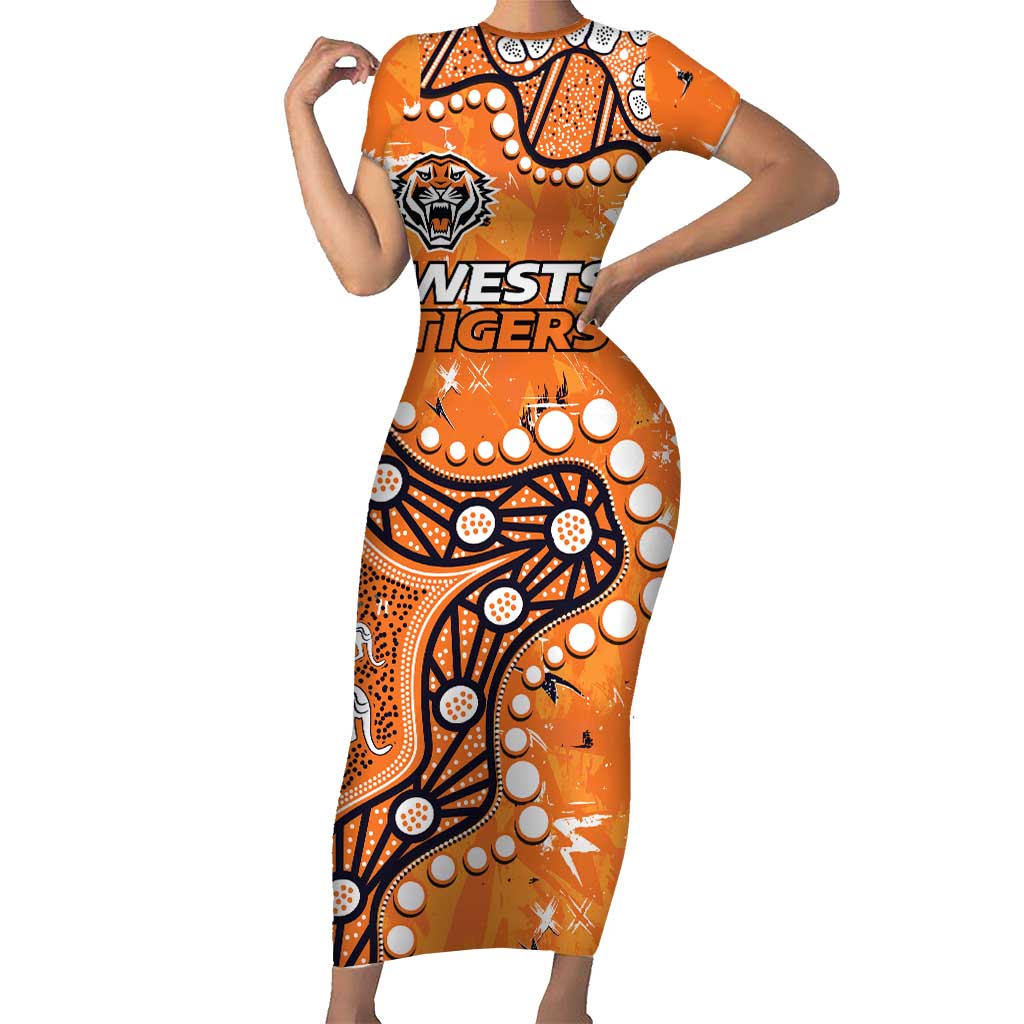 Personalized Wests Tigers Short Sleeve Bodycon Dress Aboriginal Pattern with Graffiti Style Design