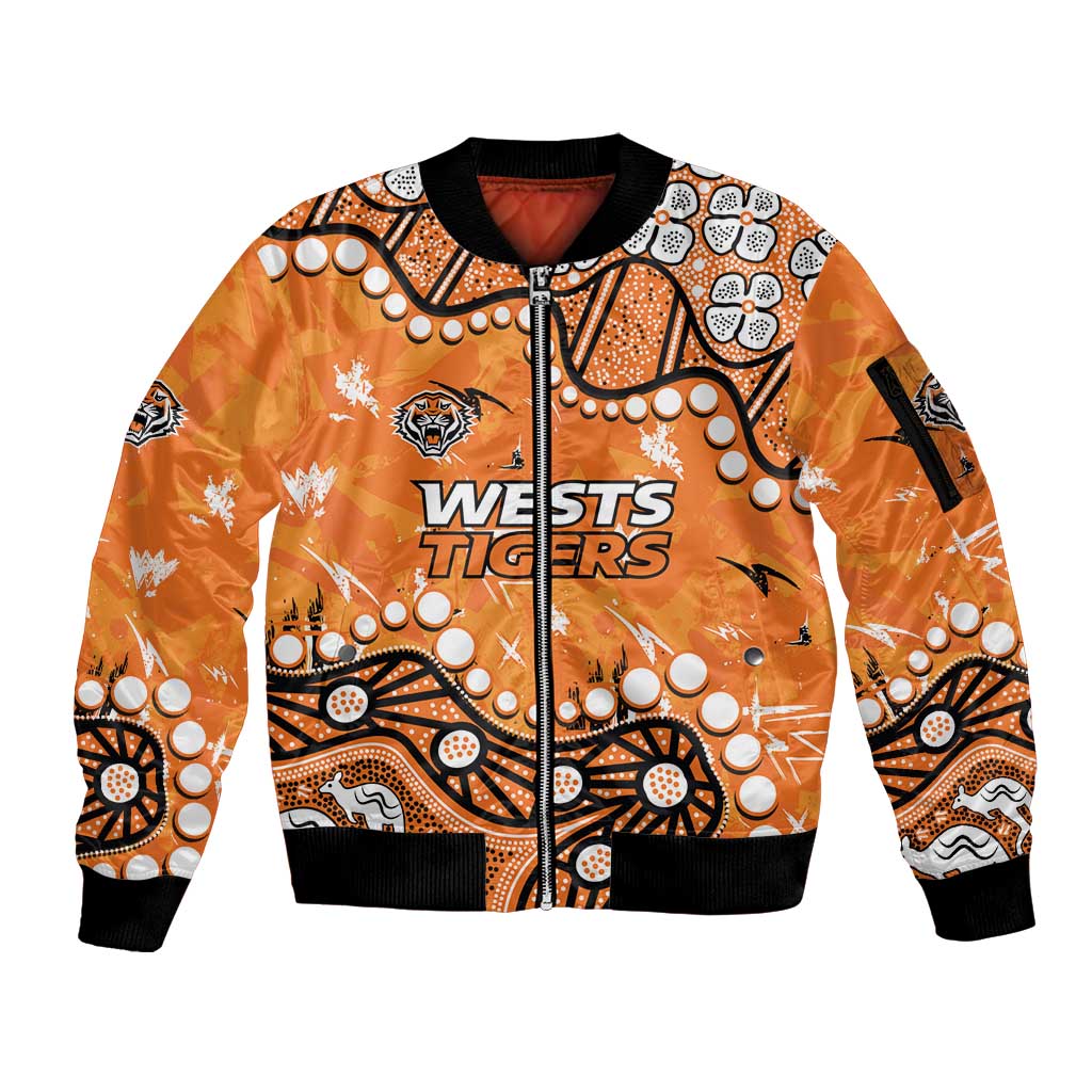 Personalized Wests Tigers Sleeve Zip Bomber Jacket Aboriginal Pattern with Graffiti Style Design