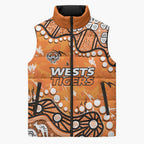 Personalized Wests Tigers Sleeveless Puffer Jacket Aboriginal Pattern with Graffiti Style Design