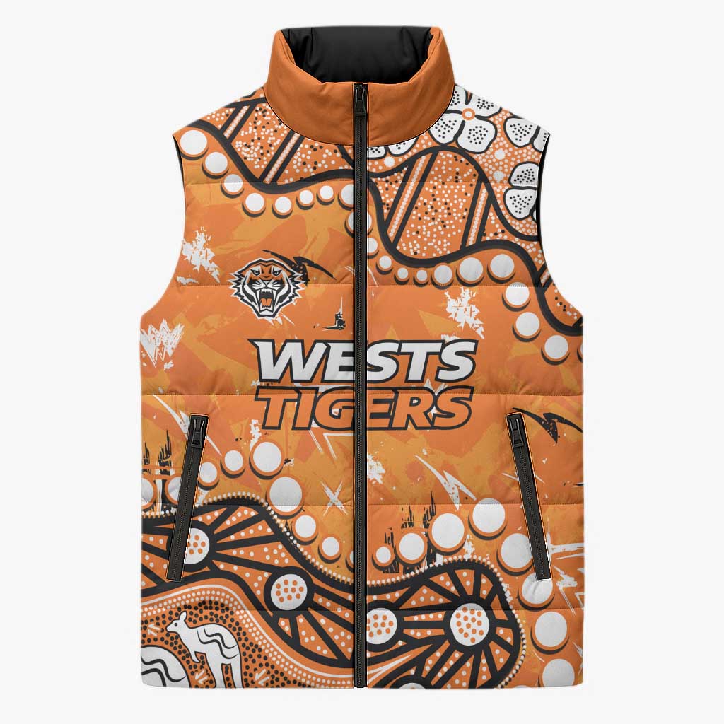 Personalized Wests Tigers Sleeveless Puffer Jacket Aboriginal Pattern with Graffiti Style Design