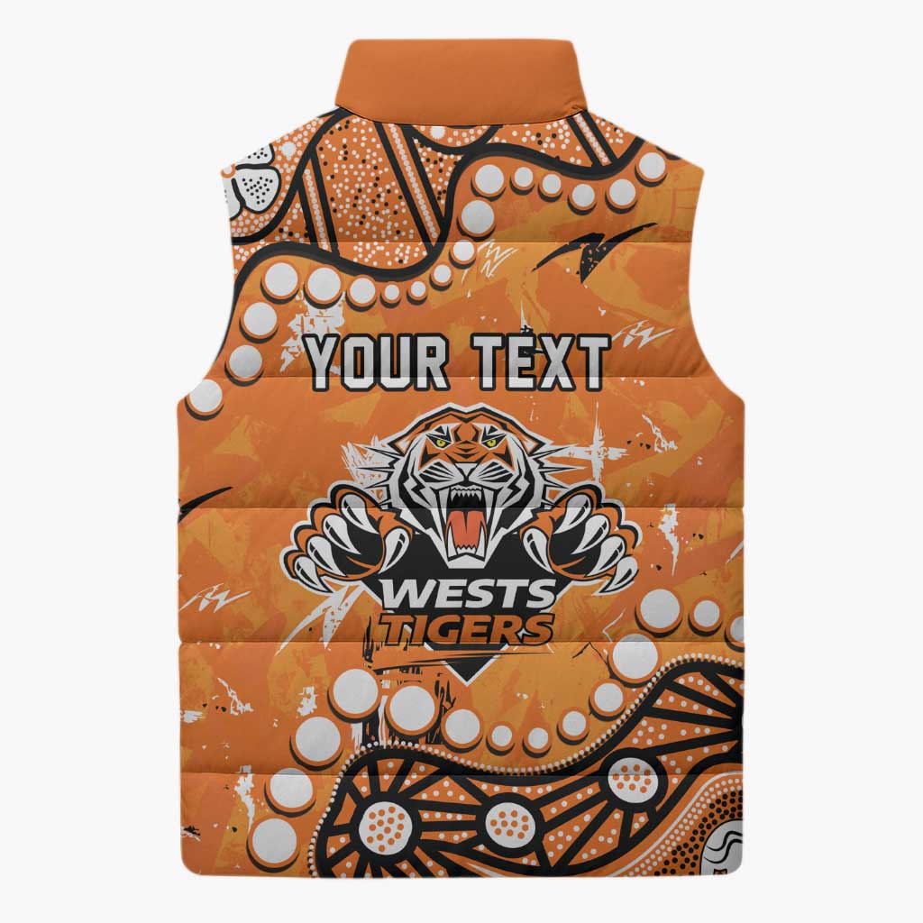 Personalized Wests Tigers Sleeveless Puffer Jacket Aboriginal Pattern with Graffiti Style Design