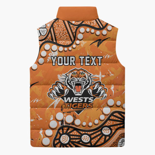 Personalized Wests Tigers Sleeveless Puffer Jacket Aboriginal Pattern with Graffiti Style Design