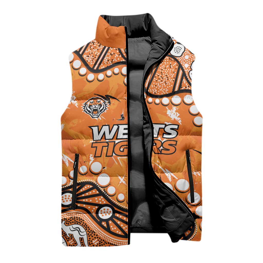 Personalized Wests Tigers Sleeveless Puffer Jacket Aboriginal Pattern with Graffiti Style Design