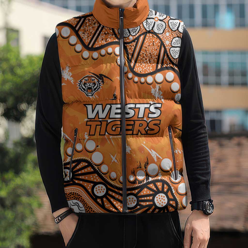 Personalized Wests Tigers Sleeveless Puffer Jacket Aboriginal Pattern with Graffiti Style Design