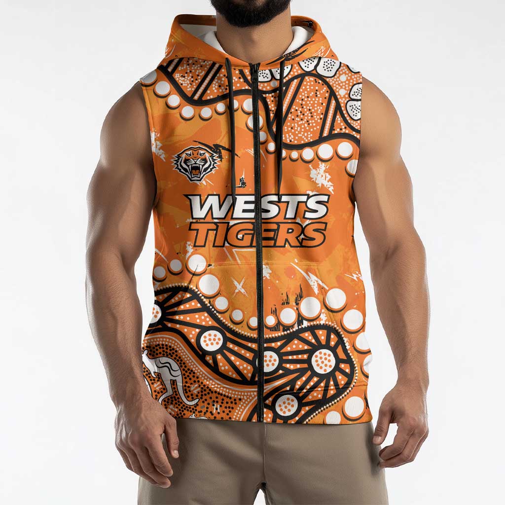 Personalized Wests Tigers Sleeveless Zip Hoodie Aboriginal Pattern with Graffiti Style Design