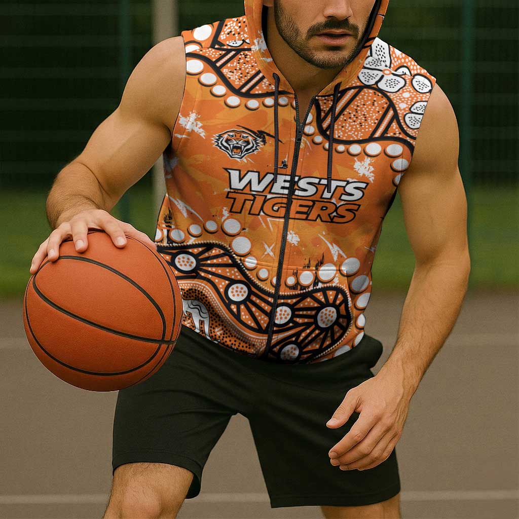 Personalized Wests Tigers Sleeveless Zip Hoodie Aboriginal Pattern with Graffiti Style Design