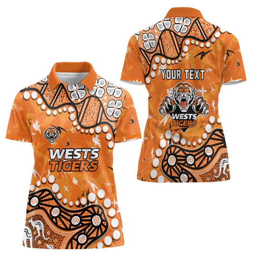Personalized Wests Tigers Women Polo Shirt Aboriginal Pattern with Graffiti Style Design