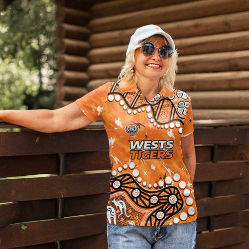Personalized Wests Tigers Women Polo Shirt Aboriginal Pattern with Graffiti Style Design