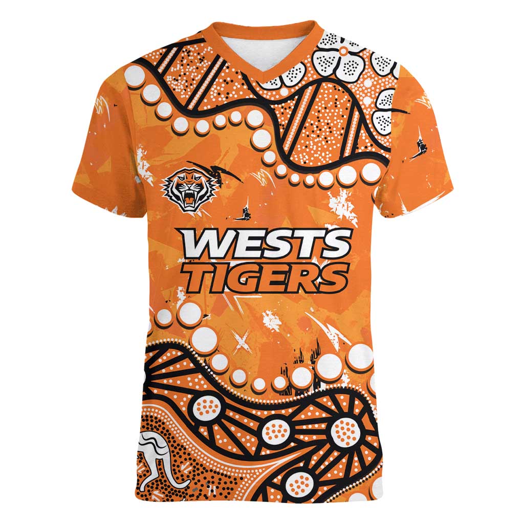 Personalized Wests Tigers Women V-Neck T-Shirt Aboriginal Pattern with Graffiti Style Design