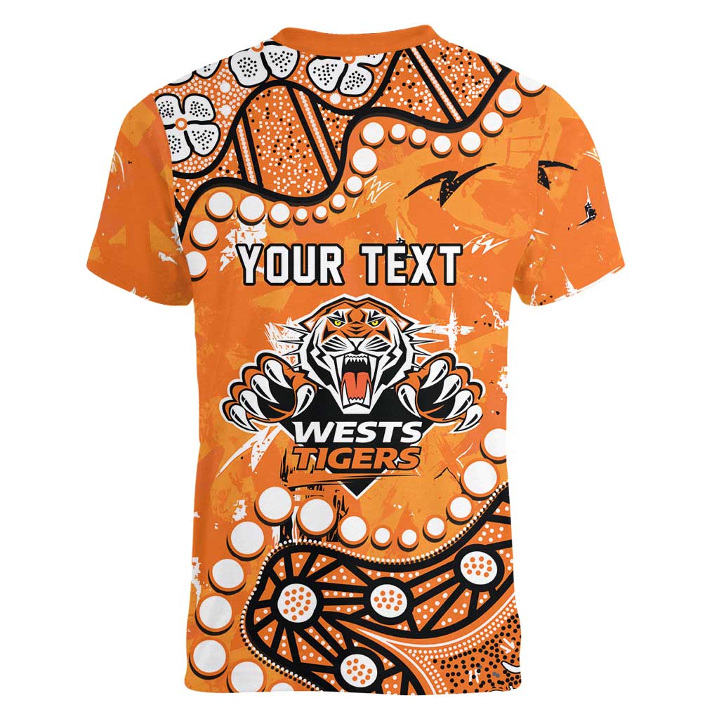 Personalized Wests Tigers Women V-Neck T-Shirt Aboriginal Pattern with Graffiti Style Design