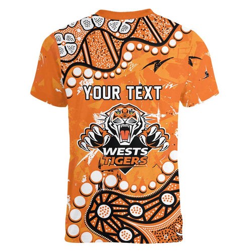 Personalized Wests Tigers Women V-Neck T-Shirt Aboriginal Pattern with Graffiti Style Design