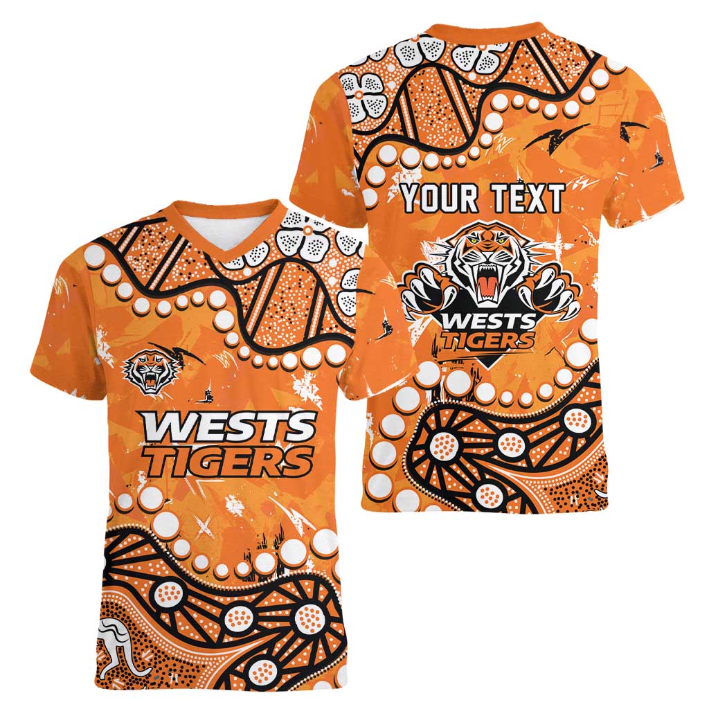 Personalized Wests Tigers Women V-Neck T-Shirt Aboriginal Pattern with Graffiti Style Design