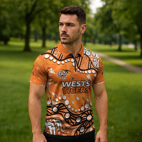 Personalized Wests Tigers Zipper Polo Shirt Aboriginal Pattern with Graffiti Style Design