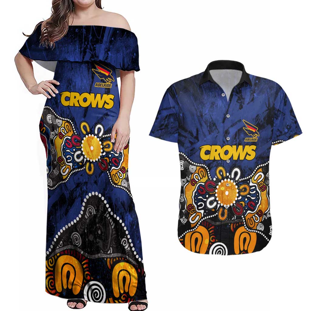 Personalized Adelaide Crows Couples Matching Off Shoulder Maxi Dress and Hawaiian Shirt Aboriginal Dot Painting Graffiti Style