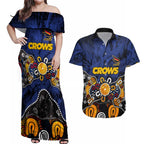 Personalized Adelaide Crows Couples Matching Off Shoulder Maxi Dress and Hawaiian Shirt Aboriginal Dot Painting Graffiti Style