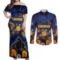 Personalized Adelaide Crows Couples Matching Off Shoulder Maxi Dress and Long Sleeve Button Shirt Aboriginal Dot Painting Graffiti Style