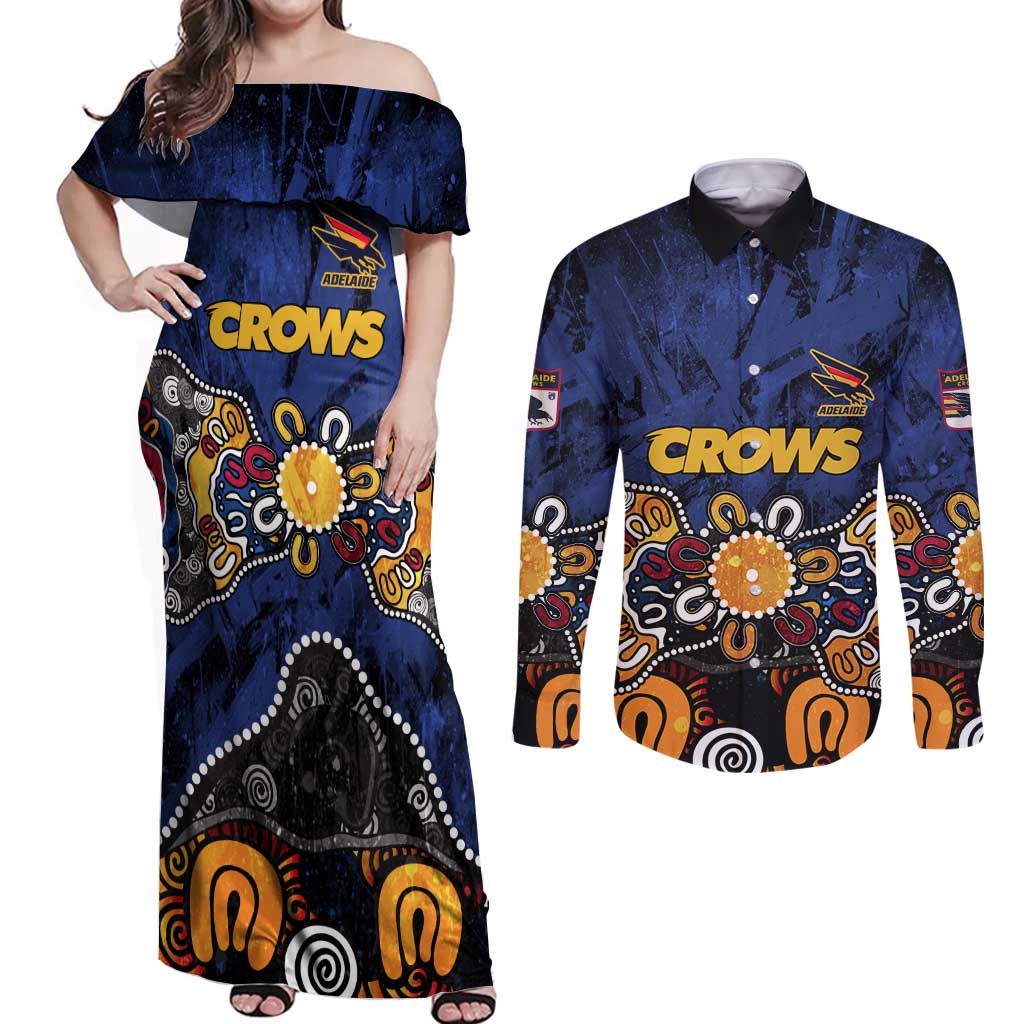 Personalized Adelaide Crows Couples Matching Off Shoulder Maxi Dress and Long Sleeve Button Shirt Aboriginal Dot Painting Graffiti Style