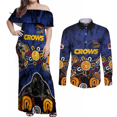Personalized Adelaide Crows Couples Matching Off Shoulder Maxi Dress and Long Sleeve Button Shirt Aboriginal Dot Painting Graffiti Style