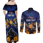 Personalized Adelaide Crows Couples Matching Off Shoulder Maxi Dress and Long Sleeve Button Shirt Aboriginal Dot Painting Graffiti Style