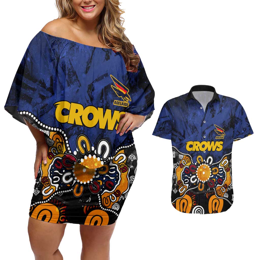 Personalized Adelaide Crows Couples Matching Off Shoulder Short Dress and Hawaiian Shirt Aboriginal Dot Painting Graffiti Style
