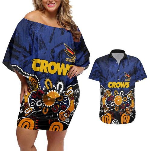 Personalized Adelaide Crows Couples Matching Off Shoulder Short Dress and Hawaiian Shirt Aboriginal Dot Painting Graffiti Style
